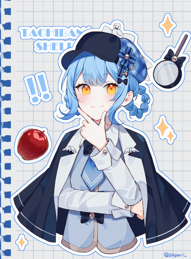 suguri (neroli), tachibana sherry, mahou shoujo no majo saiban, commentary request, !, !!, 1girl, apple, black capelet, black hat, blue hair, blue necktie, braid, braided hair rings, capelet, character name, closed mouth, collared shirt, deerstalker, detective, food, fruit, grey background, grey vest, hair rings, hand on own chin, hat, long sleeves, looking at viewer, magical girl, magnifying glass, necktie, outline, shirt, short hair, smile, solo, sparkle, stroking own chin, upper body, vest, white outline, white shirt, yellow eyes