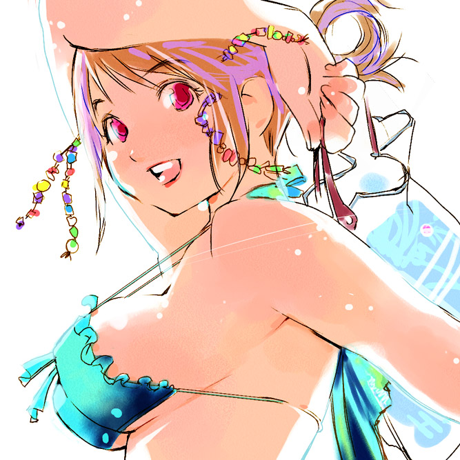 igarashi mangou, 1girl, bikini, breasts, brown hair, female focus, large breasts, red eyes, solo, swimsuit