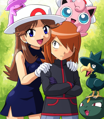 pokemoa, ditto, green (pokemon), jigglypuff, murkrow, silver (pokemon), sneasel, transformed ditto, nintendo, pokemon, pokemon adventures, hands on shoulders, lowres, . ., 1boy, 1girl, black dress, blue eyes, brown eyes, brown hair, clothed pokemon, dress, gen 1 pokemon, gen 2 pokemon, gloves, hat, long hair, orange hair, pokemon (creature), pokemon move, porkpie hat, smile