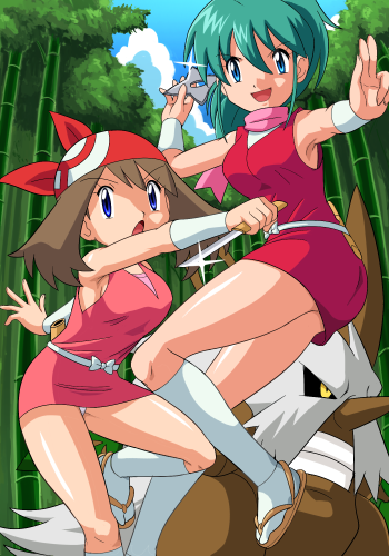 ichiko (vein), pokemoa, angela (pokemon), may (pokemon), shiftry, nintendo, pokemon, pokemon (anime), pokemon ag156, pokemon rse (anime), lowres, 2girls, alternate costume, bandaged arm, bandages, bandana, blue eyes, blue hair, brown hair, gen 3 pokemon, hat, holding, japanese clothes, kimono, kimono skirt, knife, multiple girls, ninja, ninjatou, official alternate costume, panties, pantyshot, pokemon (creature), ponytail, reverse grip, sandals, scarf, short sword, shuriken, standing, underwear, weapon