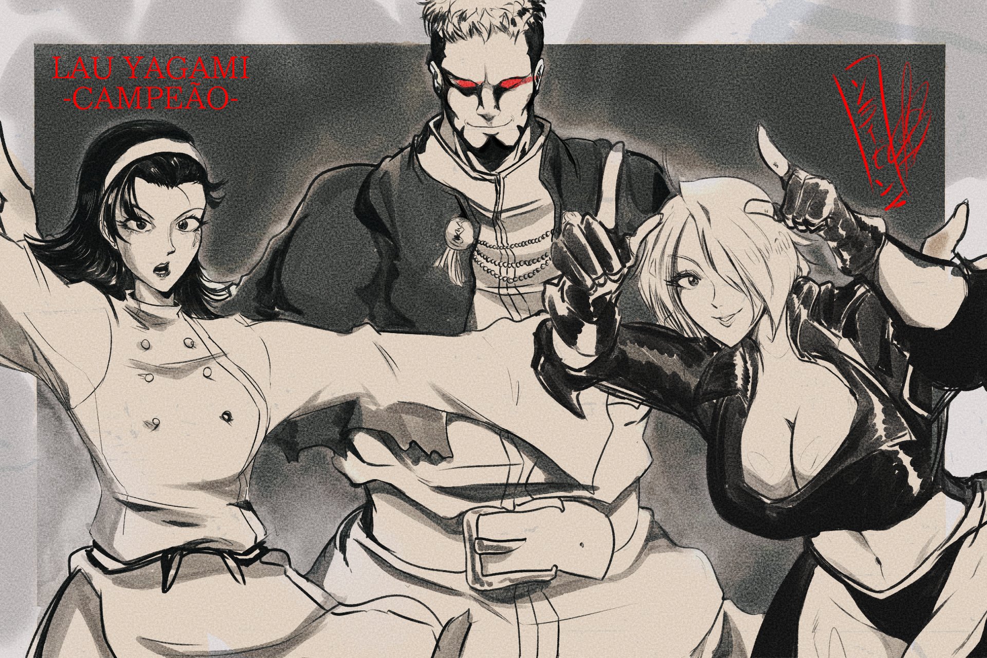 angel (kof), goenitz, kagura chizuru, the king of fighters, 2girls, black eyes, black hair, breasts, buttons, curvy, dress, gloves, hairband, huge breasts, jacket, large breasts, long hair, long sleeves, looking at viewer, medium hair, multiple girls, panties, short hair, smile, smiley face, soraizenarts, standing, thick thighs, thighs, underwear, wide hips