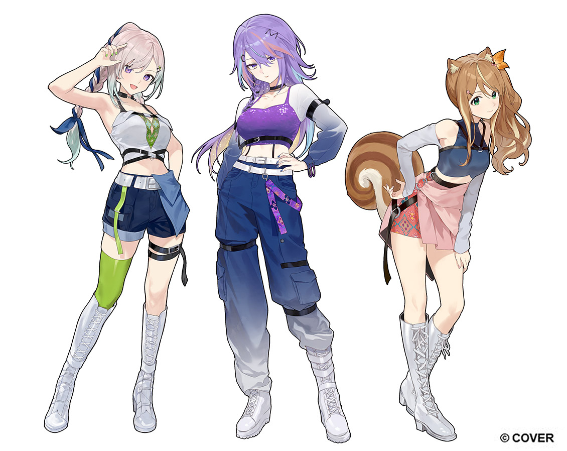 rararamax, airani iofifteen, ayunda risu, moona hoshinova, area 15, hololive, hololive indonesia, commentary, english commentary, official art, 3girls, animal ear fluff, animal ears, arm up, bare arms, belt, black belt, black choker, blonde hair, blue hair, blue pants, blue ribbon, blue shirt, blue shorts, boots, braid, braided ponytail, breasts, brown hair, cargo pants, chest belt, chest harness, choker, cleavage, colored inner hair, company name, contrapposto, copyright notice, crescent, crescent hair ornament, cropped shirt, flower, full body, gradient eyes, gradient hair, green hair, green thighhighs, grey shirt, hair between eyes, hair flaps, hair flower, hair ornament, hair ribbon, hairclip, half-skirt, halter shirt, halterneck, hand on own hip, hand on own thigh, harness, headset, high heel boots, high heels, high ponytail, knee boots, lace-up boots, large breasts, leaning to the side, legs apart, lineup, long hair, long hair between eyes, long sidelocks, long sleeves, looking at viewer, medium breasts, midriff, miniskirt, multicolored eyes, multicolored hair, multiple belts, multiple girls, nail polish, o-ring, o-ring harness, off-shoulder shirt, off shoulder, official alternate costume, official alternate hairstyle, open mouth, orange nails, overskirt, pants, pants tucked in, parted lips, pink hair, pink skirt, platform boots, pleated skirt, ponytail, purple eyes, purple hair, purple shirt, ribbon, see-through clothes, see-through sleeves, shirt, short shorts, shorts, side braid, sidelocks, simple background, single thighhigh, skirt, sleeveless, sleeveless shirt, sleeves past wrists, smile, squirrel ears, squirrel girl, squirrel tail, standing, starry hair, streaked hair, swept bangs, tail, thigh strap, thighhighs, two-tone hair, underbust, virtual youtuber, white background, white belt, white boots, white hair, white sleeves, yellow eyes