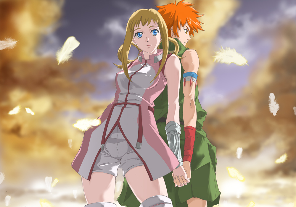 yomi (indigoriver), apollo (aquarion), silvia de alisia, aquarion (series), sousei no aquarion, 00s, 1boy, 1girl, armband, back-to-back, belt, blonde hair, blue eyes, cloud, feathers, hair rings, hand grab, hetero, holding hands, interlocked fingers, orange hair, shorts, sky, wristband