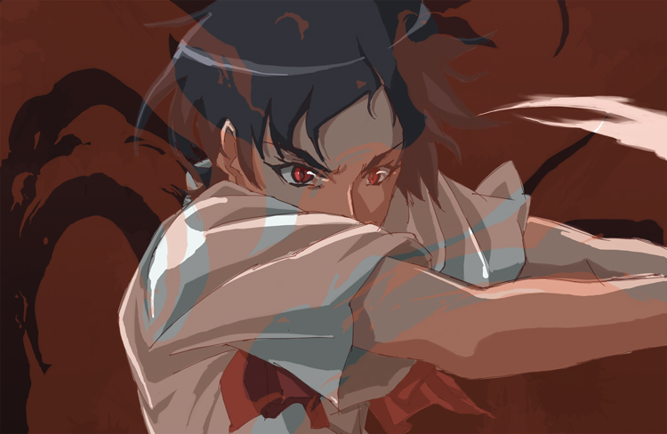 yomi (indigoriver), otonashi saya, blood+, 00s, attack, black hair, blood, fire, red eyes, short hair, solo