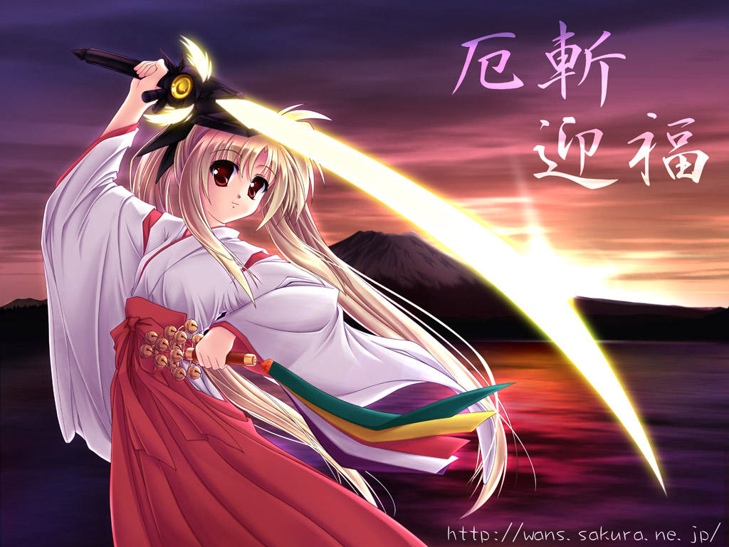 wantoshi, bardiche (nanoha), fate testarossa, lyrical nanoha, mahou shoujo lyrical nanoha, 00s, 1girl, alternate weapon, bell, blonde hair, energy sword, female focus, hakama, hakama skirt, japanese clothes, katana, long hair, miko, red eyes, red hakama, skirt, solo, sword, very long hair, weapon