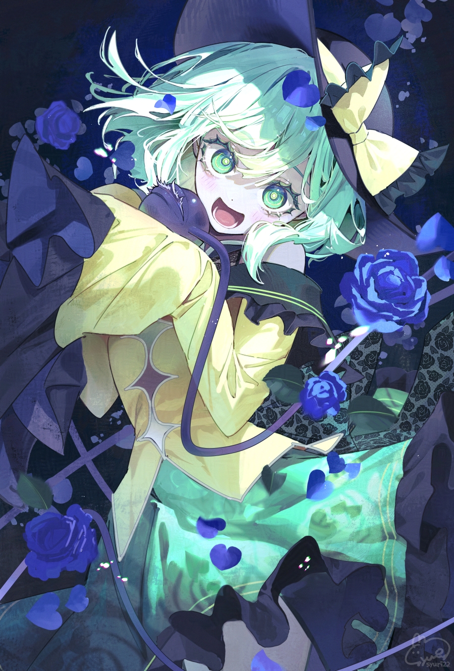 syuri22, komeiji koishi, touhou, highres, 1girl, bare shoulders, black hat, blue flower, blue rose, buttons, diamond button, eyeball, floral print, flower, frilled ribbon, frilled shirt collar, frilled skirt, frilled sleeves, frills, green eyes, green hair, green skirt, hat, hat ribbon, ribbon, rose, rose print, shirt, skirt, sleeves past fingers, sleeves past wrists, smile, third eye, yellow ribbon, yellow shirt