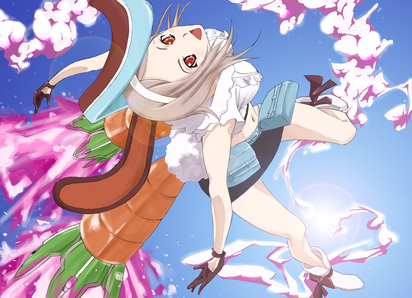 yomi (indigoriver), tsukishiro mina, getsumento heiki miina, 00s, animal ears, boots, brown hair, carrot, flying, gloves, headband, pouch, rabbit ears, red eyes, skirt, smile, smoke, solo, tail
