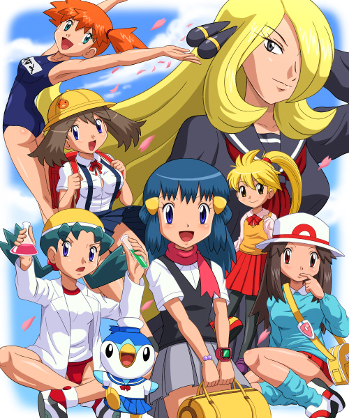 pokemoa, cynthia (pokemon), dawn (pokemon), kris (pokemon), leaf (pokemon), may (pokemon), misty (pokemon), piplup, yellow (pokemon), nintendo, pokemon, pokemon adventures, pokemon dppt, pokemon frlg, pokemon gsc, pokemon rgby, pokemon rse, 00s, 1990s (style), 6+girls, adapted costume, gen 4 pokemon, happy, hat, kindergarten, kindergarten uniform, long hair, looking at viewer, looking back, miniskirt, multiple girls, one-piece swimsuit, pantyhose, pokemon (creature), porkpie hat, retro artstyle, sailor, school hat, school swimsuit, school uniform, serafuku, side ponytail, skirt, smile, swimsuit