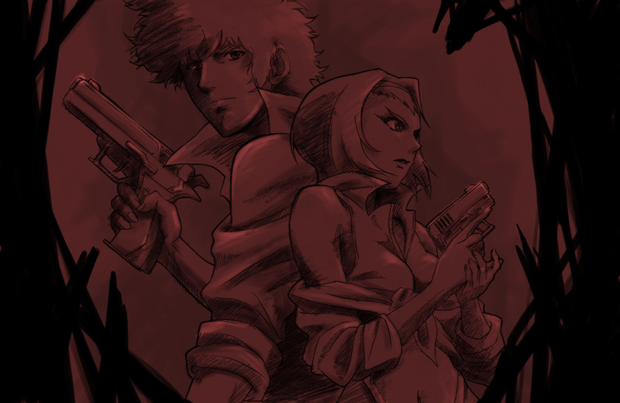 yomi (indigoriver), faye valentine, spike spiegel, cowboy bebop, 1990s (style), afro, back-to-back, gun, short hair, weapon