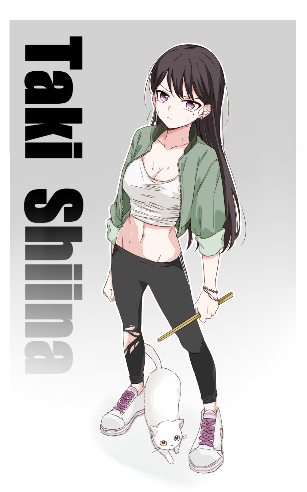 porinki, kaname raana, shiina taki, bang dream!, bang dream! it's mygo!!!!!, commentary request, highres, 1girl, animalization, black hair, black pants, bracelet, breasts, cat, cleavage, closed mouth, cropped shirt, earrings, green jacket, grey background, jacket, jewelry, long hair, looking at viewer, medium breasts, midriff, mismatched earrings, navel, open clothes, open jacket, pants, purple eyes, raana the cat, shirt, shoes, solo, sweat, torn clothes, torn pants, white shirt, white shoes