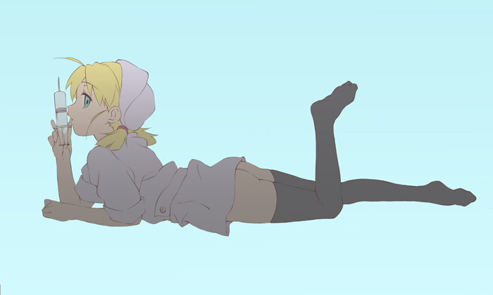 yomi (indigoriver), uniform, ahoge, ass, blonde hair, blue eyes, lying, nurse, short twintails, solo, syringe, thighhighs, twintails