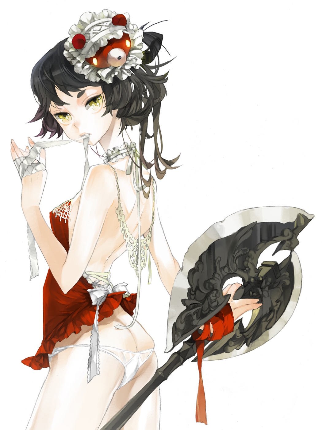 k ototo, original, highres, 1girl, ass, axe, back, black hair, breasts, choker, covered erect nipples, female focus, gothic lolita, hair ornament, lolita fashion, looking back, lowleg, lowleg panties, mouth hold, no pants, panties, ribbon, small breasts, solo, underwear, weapon, white panties, yellow eyes