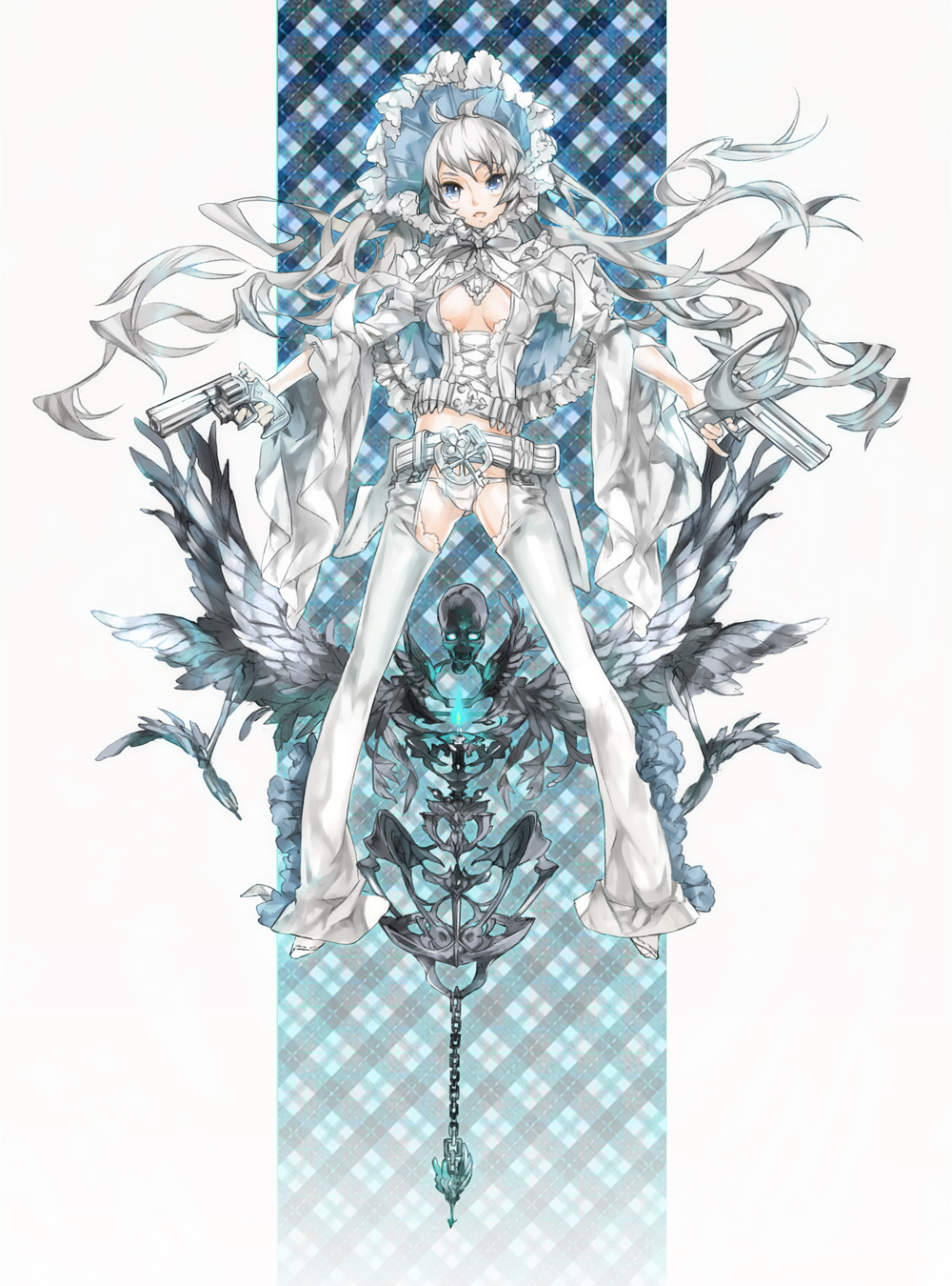 k ototo, original, silver hair, highres, 1girl, bell-bottoms, belt, blue eyes, bonnet, breasts, bustier, female focus, gothic lolita, gun, lingerie, lolita fashion, long hair, long legs, lowleg, lowleg panties, panties, pants, solo, underwear, weapon