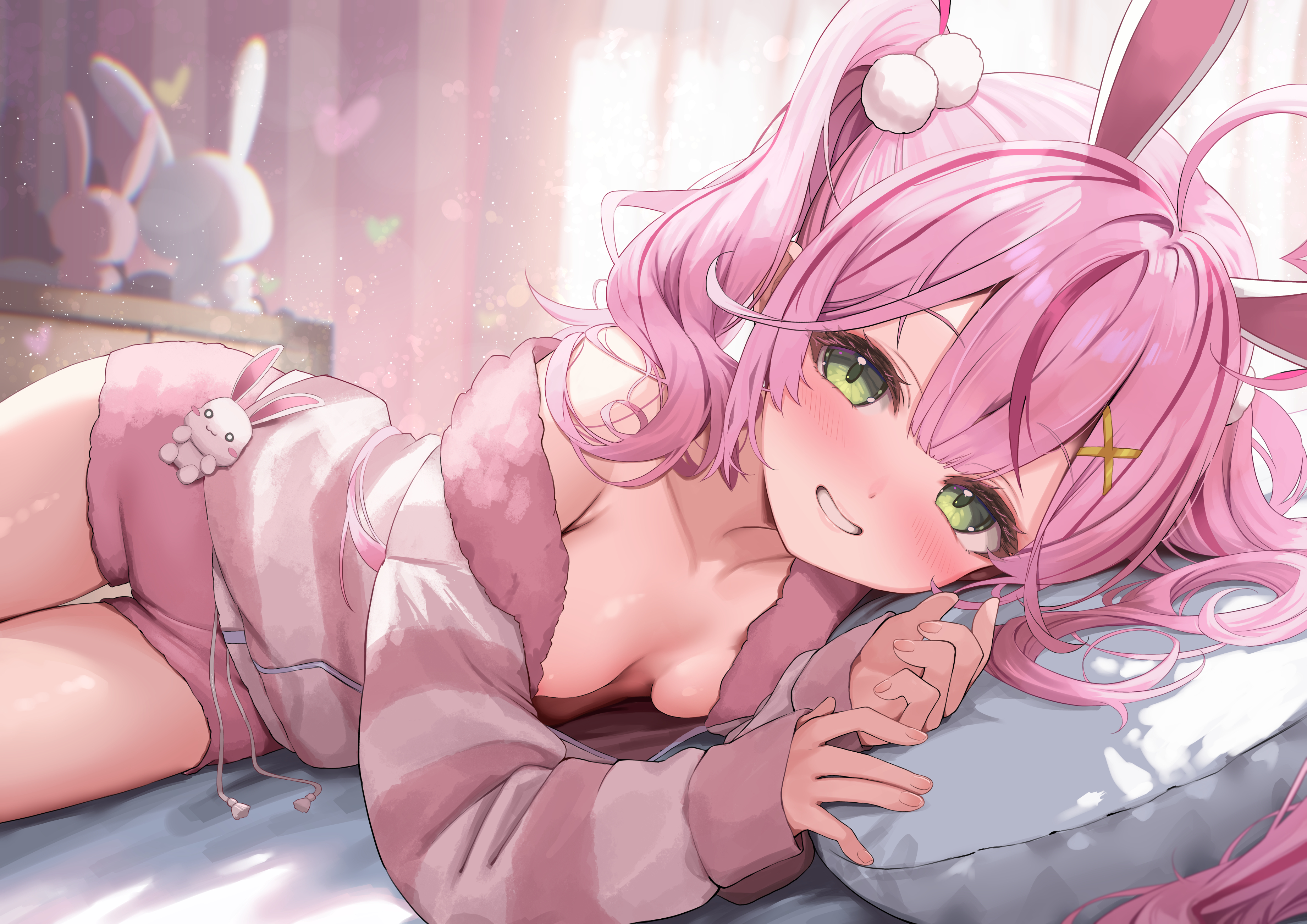 nyahu (nyahu 77), uno sakura, kemomimi refle!, absurdres, commentary request, commission, highres, skeb commission, 1girl, ahoge, animal ears, bed, blush, breasts, cardigan, collarbone, green eyes, grin, hair bobbles, hair ornament, indoors, long hair, looking at viewer, lying, no bra, off shoulder, on side, pillow, pink cardigan, pink hair, pink shorts, rabbit ears, rabbit girl, short shorts, shorts, small breasts, smile, solo, striped cardigan, thighs, twintails, virtual youtuber
