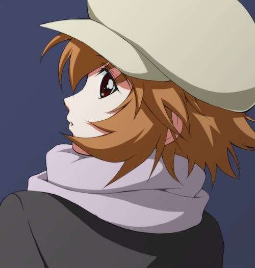 yomi (indigoriver), aiko harmony, gad guard, 00s, brown eyes, hat, looking back, newsboy cap, orange hair, pageboy hat, scarf, short hair, solo