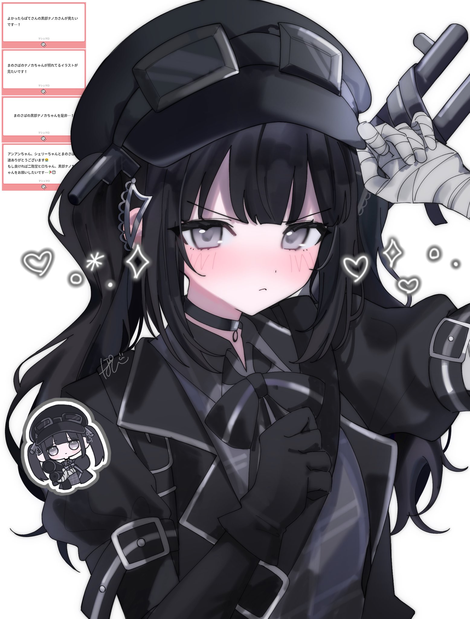 pote (pote 39), mahou shoujo no majo saiban, commentary request, highres, translation request, 1girl, bandaged arm, bandages, black choker, black gloves, black hair, black hat, black jacket, black ribbon, blunt bangs, blush, chibi, chibi inset, choker, closed mouth, embarrassed, furrowed brow, gloves, goggles, goggles on headwear, grey eyes, gun, hands up, hat, jacket, kurobe nanoka, long hair, looking at viewer, magical girl, marshmallow (site), neck ribbon, open clothes, open jacket, request inset, ribbon, rifle, solo, sparkle, twintails, upper body, weapon, weapon on back, white background