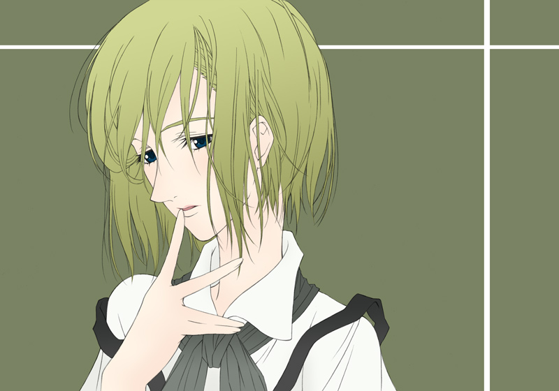 yomi (indigoriver), kate ashley, red garden, 00s, 1girl, blue eyes, female focus, green background, green hair, short hair, solo