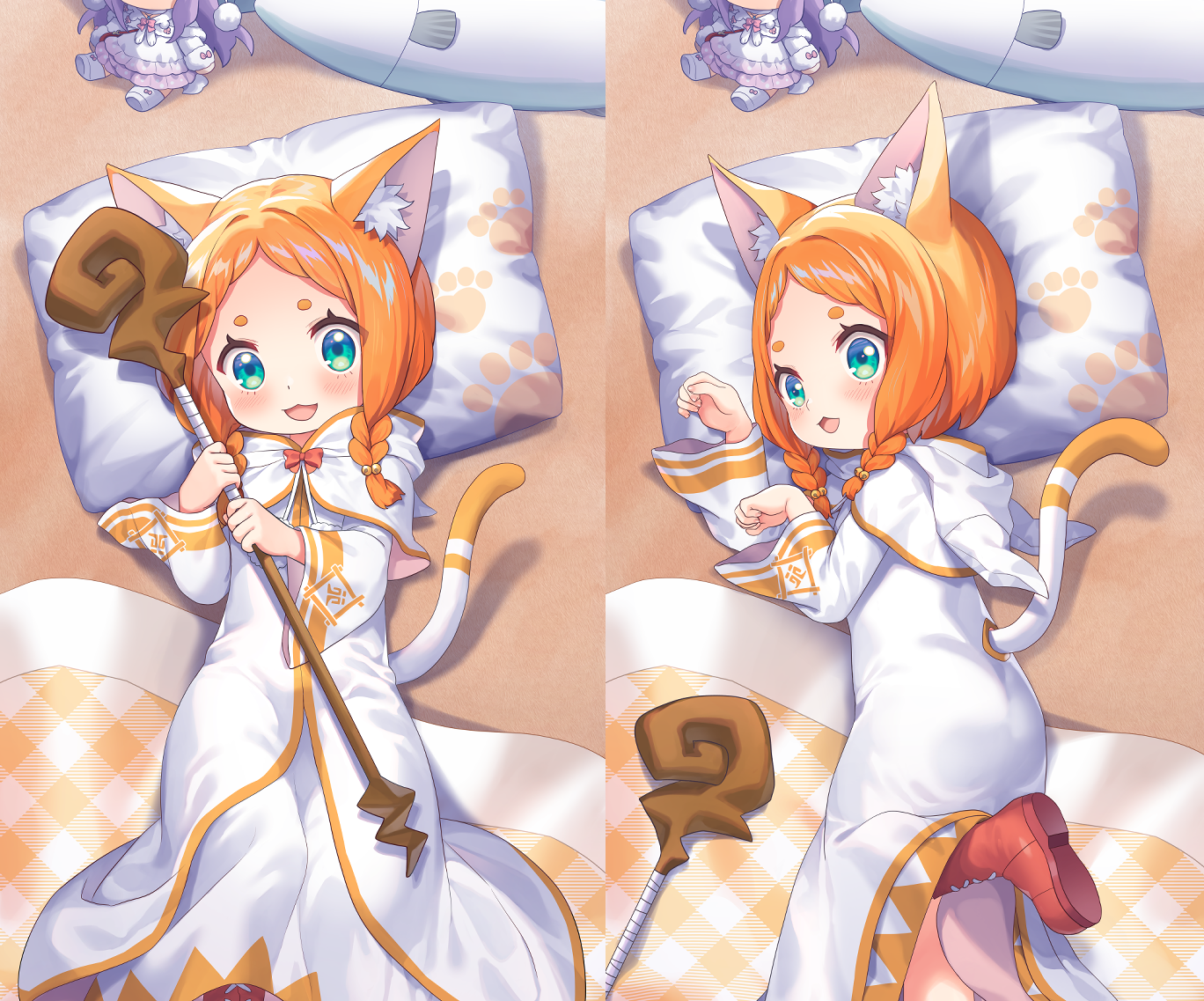 craytm, mimi pearlbaton, re:zero kara hajimeru isekai seikatsu, commentary request, 1girl, :3, :d, animal ear fluff, animal ears, ass, bell, blush, boots, braid, capelet, cat ears, cat girl, cat tail, clothing cutout, dakimakura (medium), forehead, green eyes, hair bell, hair ornament, holding, holding staff, jingle bell, lace-up boots, long sleeves, lying, multiple views, on back, on side, open mouth, orange hair, parted bangs, paw pose, pillow, red boots, robe, shoe soles, short eyebrows, smile, staff, tail, tail through clothes, thick eyebrows, twin braids, white capelet, white robe, wide sleeves
