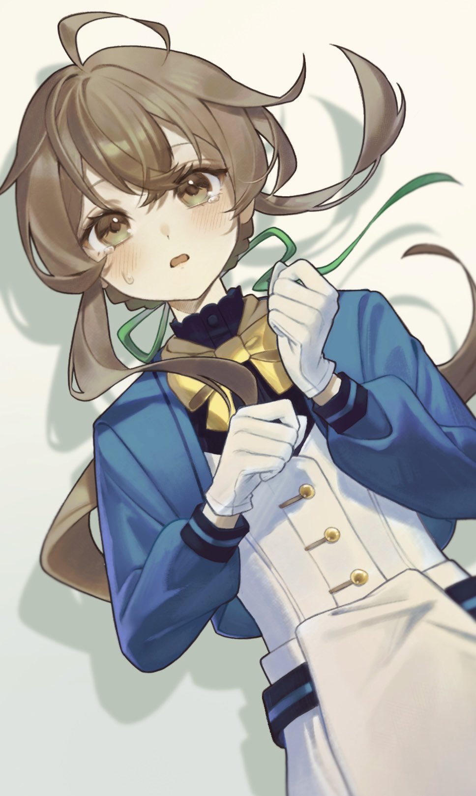 ko gyoku, monica everett, silent witch, highres, 1girl, ahoge, aqua jacket, black shirt, blush, crying, crying with eyes open, flat chest, gloves, hair between eyes, hair ribbon, jacket, long hair, looking at viewer, lying, on back, open mouth, ponytail, ribbon, school uniform, shadow, shirt, simple background, skirt, solo, sweatdrop, tears, vest, white background, white gloves, white skirt, white vest, yellow ribbon