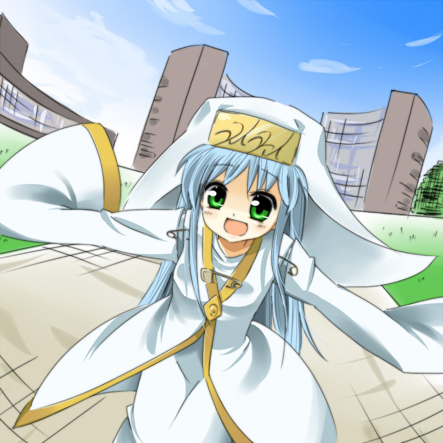 murazou (mugenloop), index (toaru majutsu no index), toaru majutsu no index, habit, bad id, bad pixiv id, 00s, blue hair, green eyes, hat, long hair, outstretched arms, robe, safety pin, smile, solo, spread arms