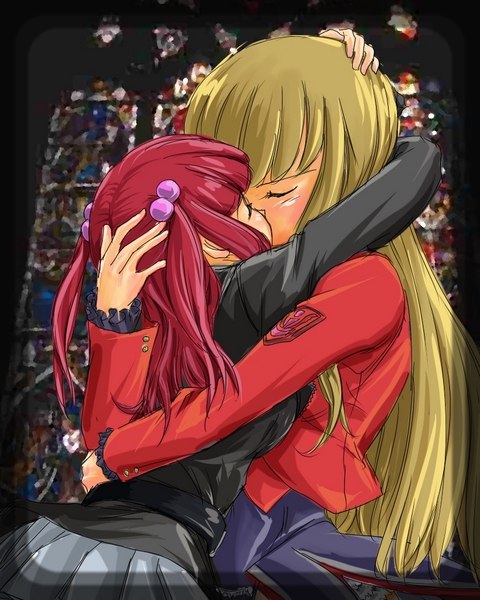 ezu, mammon (umineko), stakes of purgatory, ushiromiya ange, umineko no naku koro ni, artist request, 00s, 2girls, blunt bangs, blush, brown hair, closed eyes, couple, hair bobbles, hair ornament, hug, jacket, kiss, long hair, multiple girls, red hair, skirt, yuri