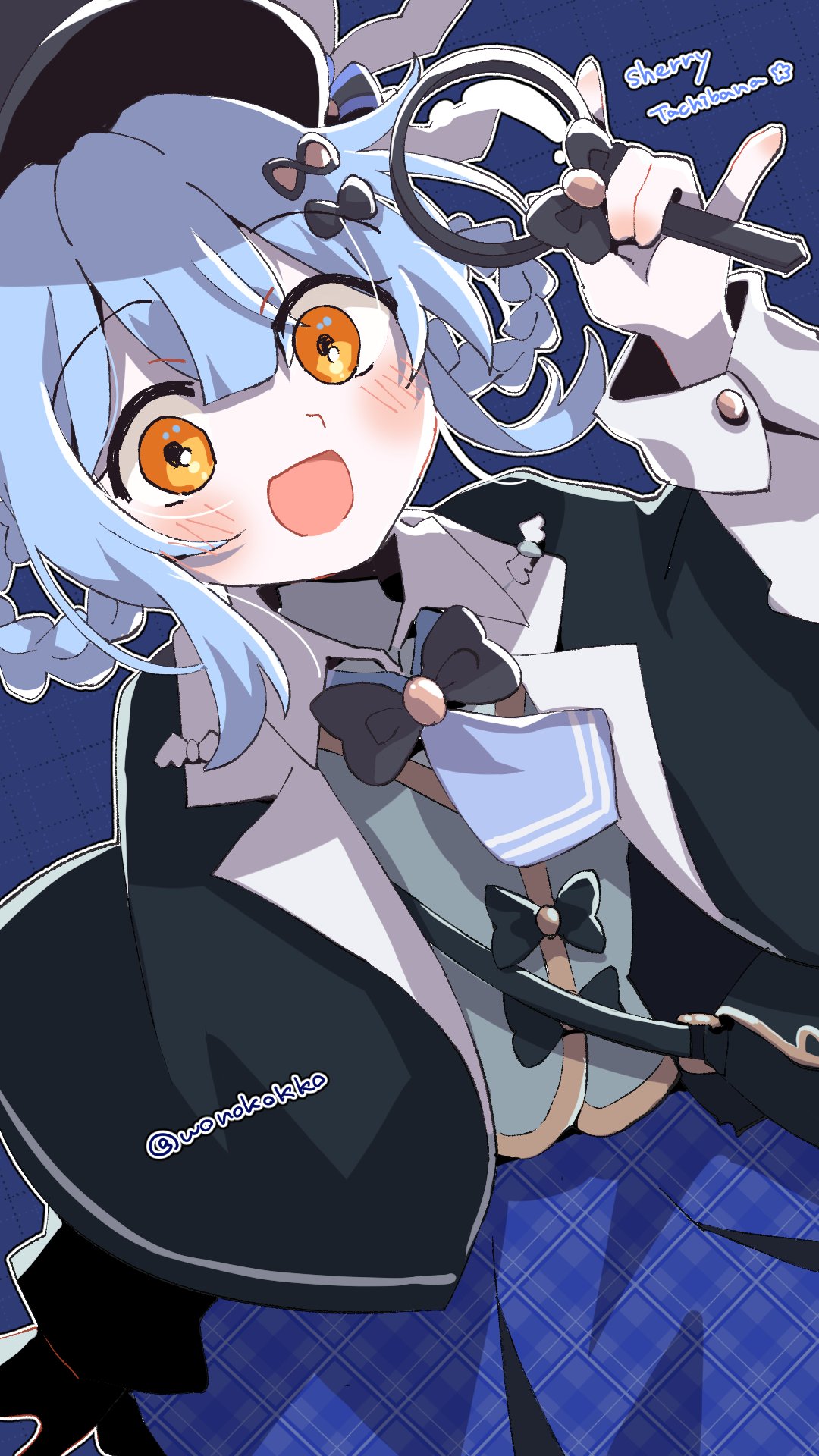 wonoko, tachibana sherry, mahou shoujo no majo saiban, hashtag-only commentary, highres, 1girl, :d, black bow, black capelet, black hat, blue hair, blue necktie, blue skirt, bow, braid, braided hair rings, capelet, collared shirt, cowboy shot, deerstalker, detective, hair bow, hair rings, hat, holding, holding magnifying glass, long sleeves, looking at viewer, magical girl, magnifying glass, necktie, open mouth, pleated skirt, shirt, short hair, skirt, smile, solo, vest, yellow eyes