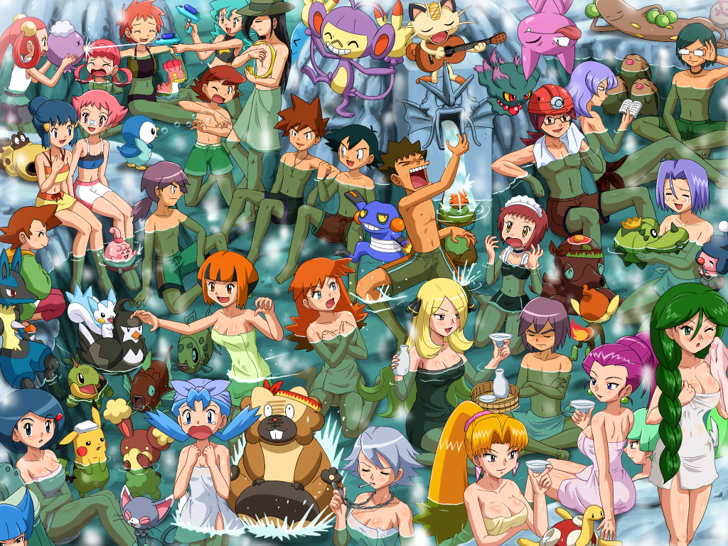 pokemoa, ambipom, ash ketchum, autumn (pokemon), bibarel, brock (pokemon), bronzong, buizel, buneary, cacnea, cassidy (pokemon), cheryl (pokemon), chimchar, conway (pokemon), croagunk, cynthia (pokemon), dawn (pokemon), drifloon, feebas, gardenia (pokemon), gardevoir, gary oak, glameow, gligar, happiny, hippopotas, hippopotas (male), holly (pokemon), j (pokemon), james (pokemon), jenny (pokemon), jessie (pokemon), johanna (pokemon), joy (pokemon), kenny (pokemon), leona (pokemon), lucario, lucian (pokemon), magikarp, marble (pokemon), marina (pokemon), maylene (pokemon), meowth, mime jr., mira (pokemon), misdreavus, misty (pokemon), mother (pokemon), nando (pokemon), octillery, pachirisu, paige frances lynnelle joy, paul (pokemon), pikachu, piplup, reggie (pokemon), roark (pokemon), saturn (pokemon), shellos, shellos (west), shuckle, spiritomb, staravia, sudowoodo, swinub, team galactic grunt, turtwig, wobbuffet, zoey (pokemon), nintendo, pokemon, pokemon (anime), pokemon (classic anime), pokemon dp059, pokemon dppt, pokemon dppt (anime), annotation request, bad id, 00s, 6+boys, 6+girls, barefoot, bath, bikini, black hair, black male swimwear, black swim trunks, blue hair, breasts, brown hair, brown male swimwear, brown swim trunks, bubble, cigarette, cleavage, closed eyes, everyone, feet, focus band, gen 1 pokemon, gen 2 pokemon, gen 3 pokemon, gen 4 pokemon, green hair, green male swimwear, green swim trunks, gym leader, harp, hat, imitating, impossible towel, instrument, kaname-ishi, kanchou, long hair, mai franu00e7ois joy, maid, male swimwear, male underwear, mixed-sex bathing, multiple boys, multiple girls, naked towel, official alternate costume, onsen, open mouth, orange hair, outdoors, pain, pink hair, pokemon (creature), purple hair, red male swimwear, red swim trunks, same-sex bathing, see-through clothes, shared bathing, short hair, smoking, starter pokemon trio, swim trunks, swimsuit, tankini, team galactic, team rocket, tears, toes, towel, towel around waist, underwear, water, white male underwear, white swim trunks