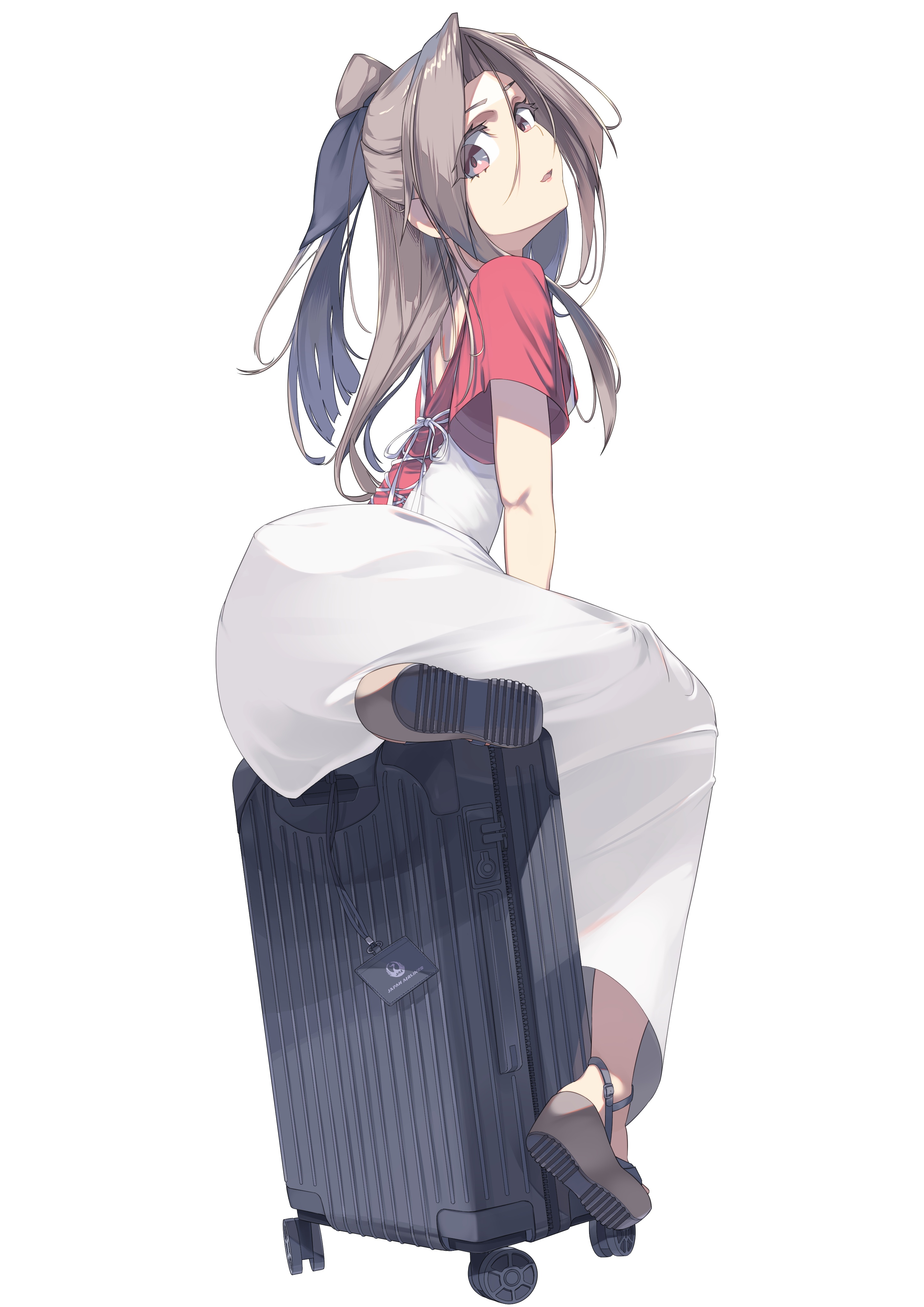 fei (feikotake), zuihou (jal) (kancolle), zuihou (kancolle), kantai collection, absurdres, highres, 1girl, black ribbon, blush, brown eyes, brown hair, denim, denim skirt, dress, hair between eyes, hair ribbon, high ponytail, long hair, looking at viewer, official alternate costume, ponytail, red shirt, ribbon, rolling suitcase, shirt, short sleeves, skirt, solo, suitcase, white background, white dress