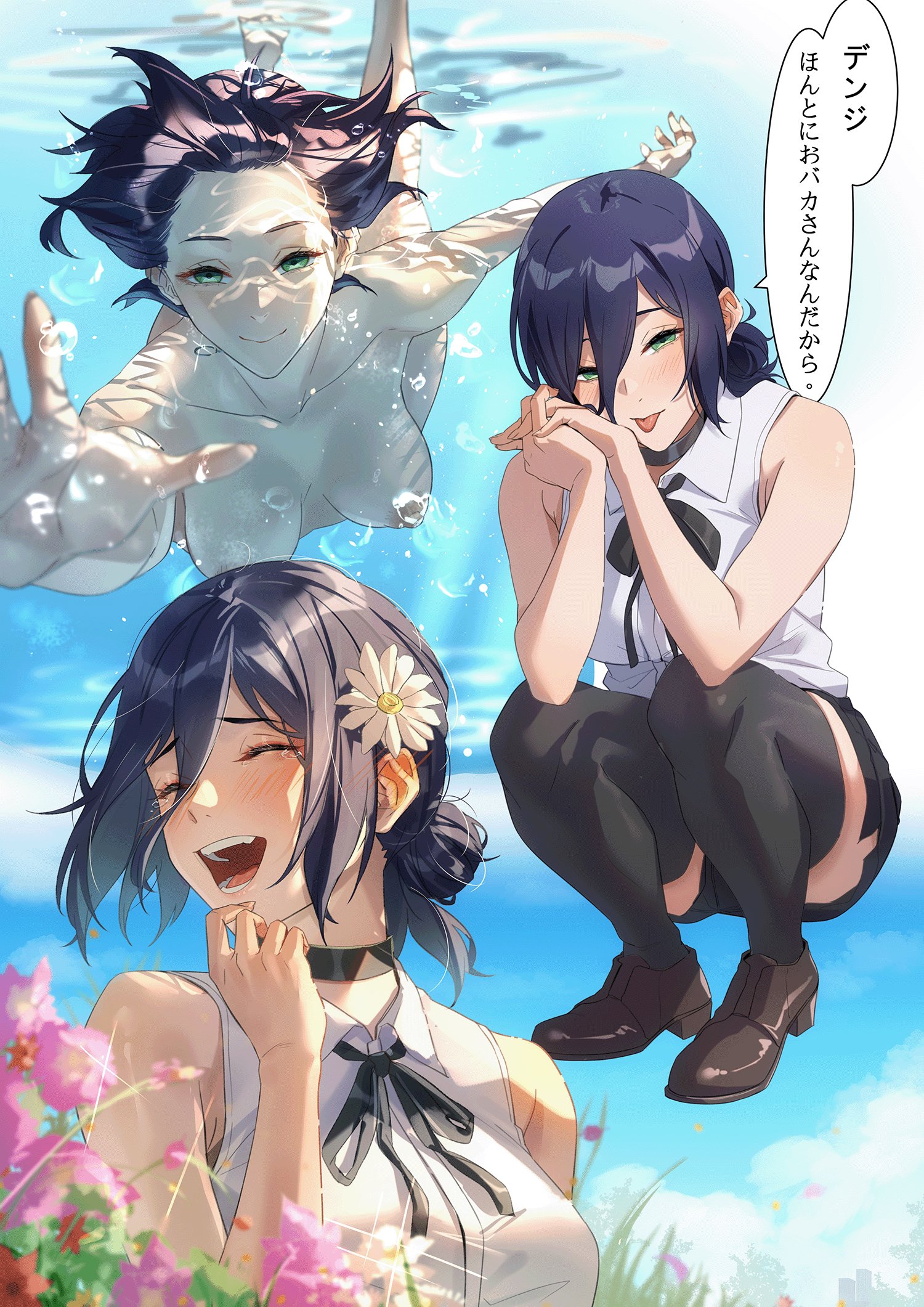 tight (ohmygod), reze (chainsaw man), chainsaw man, highres, translation request, 1girl, :p, black choker, black hair, black thighhighs, breasts, choker, collared shirt, completely nude, elbows on knees, flower, green eyes, hair between eyes, hair bun, interlocked fingers, looking at viewer, medium breasts, medium hair, multiple views, nipples, nude, own hands together, pool, shirt, single hair bun, sleeveless, sleeveless shirt, smile, speech bubble, squatting, swimming, thighhighs, tongue, tongue out, underwater, white shirt