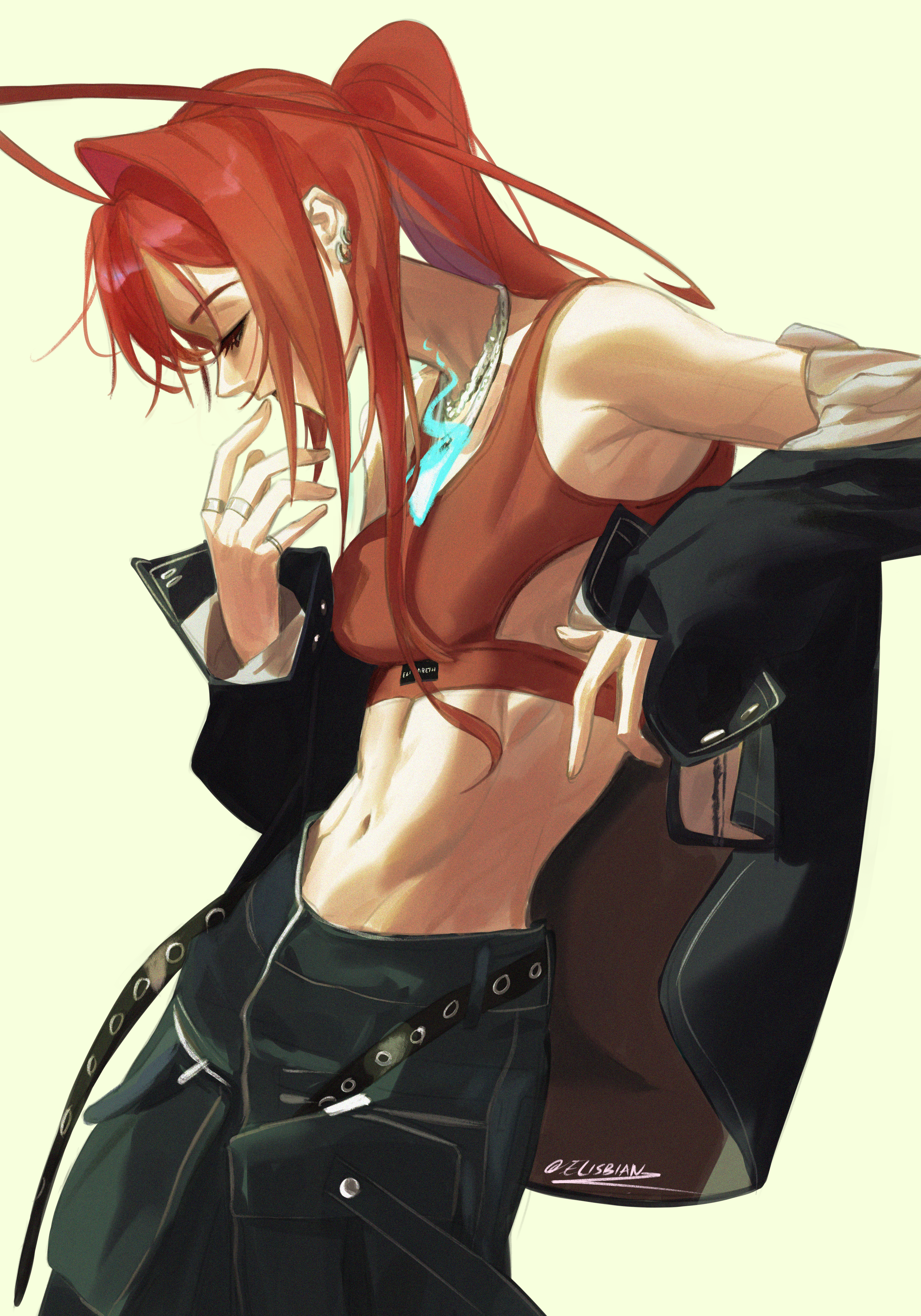 elisbian, elizabeth rose bloodflame, hololive, hololive english, absurdres, commentary, highres, 1girl, ahoge, alternate costume, alternate hairstyle, black jacket, black pants, blue fire, breasts, cleavage, earrings, fire, fire on chest, hand up, huge ahoge, jacket, jewelry, long hair, long sidelocks, medium breasts, midriff, multiple rings, navel, necklace, off shoulder, open clothes, open jacket, pants, ponytail, red hair, red sports bra, ring, sidelocks, simple background, single sidelock, sleeves past wrists, solo, sports bra, virtual youtuber, white background