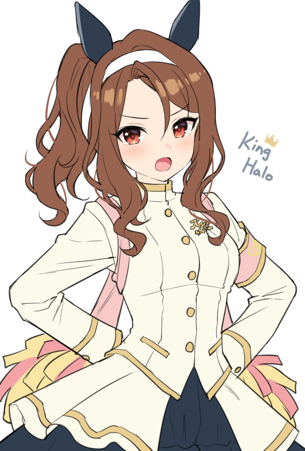 mauve, king halo (noble white cheer attire) (umamusume), king halo (umamusume), umamusume, 1girl, :o, animal ears, armband, black skirt, brown hair, buttons, character name, cowboy shot, ear covers, headband, horse ears, horse girl, jacket, long hair, long sleeves, looking at viewer, official alternate costume, open mouth, pom pom (cheerleading), red eyes, simple background, skirt, solo, v-shaped eyebrows, white background, white headband, white jacket