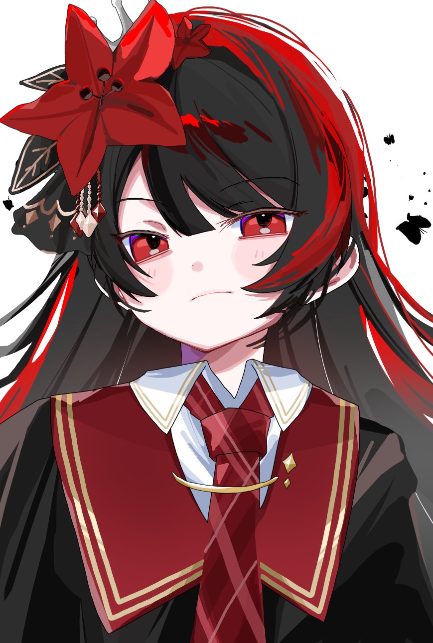 nikaidou hiro, mahou shoujo no majo saiban, commentary request, highres, 0o0o0oso0, 1girl, black hair, bug, butterfly, closed mouth, collared shirt, flower, frown, hair flower, hair ornament, insect, long hair, looking at viewer, magical girl, necktie, red eyes, red flower, red necktie, shirt, simple background, solo, upper body, white background, white shirt