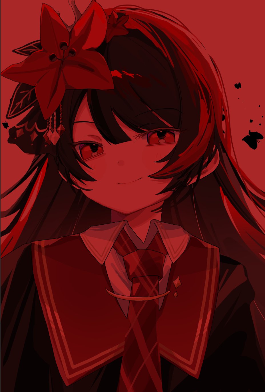 nikaidou hiro, mahou shoujo no majo saiban, commentary request, highres, 0o0o0oso0, 1girl, black hair, bug, butterfly, closed mouth, collared shirt, flower, hair flower, hair ornament, insect, long hair, looking at viewer, magical girl, necktie, red background, red eyes, red flower, red necktie, red theme, shirt, simple background, smile, solo, upper body, white shirt