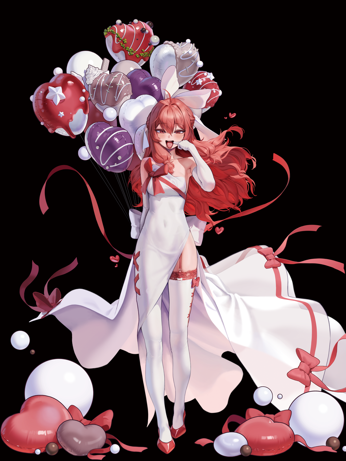 letdie1414, liberta (brown dust 2), brown dust (series), brown dust 2, commentary request, highres, 1girl, ahoge, balloon, black background, blush, breasts, covered navel, dress, elbow gloves, finger to mouth, full body, gloves, hair between eyes, hair ribbon, heart, heart balloon, high heels, long hair, looking at viewer, medium breasts, off-shoulder dress, off shoulder, open mouth, red eyes, red hair, red ribbon, ribbon, side slit, simple background, smile, solo, thighhighs, tongue, tongue out, wedding dress, white dress, white gloves, white ribbon
