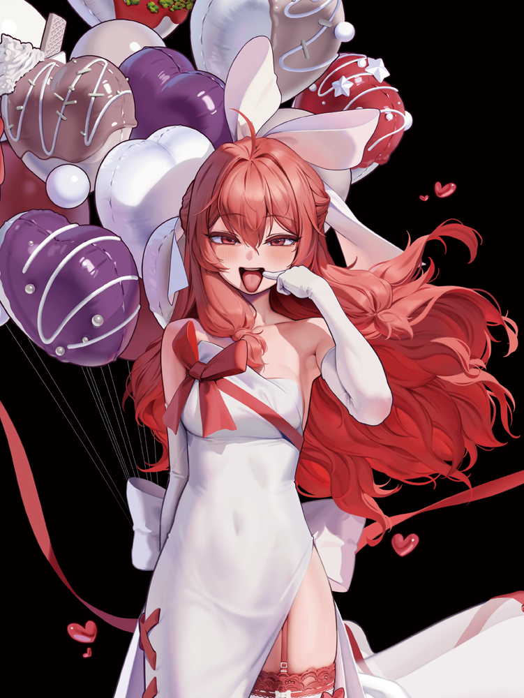 letdie1414, liberta (brown dust 2), brown dust (series), brown dust 2, commentary request, 1girl, ahoge, balloon, black background, blush, breasts, covered navel, dress, elbow gloves, finger to mouth, gloves, hair between eyes, hair ribbon, heart, heart balloon, long hair, looking at viewer, medium breasts, off-shoulder dress, off shoulder, open mouth, red eyes, red hair, red ribbon, ribbon, side slit, simple background, smile, solo, thighhighs, tongue, tongue out, wedding dress, white dress, white gloves, white ribbon