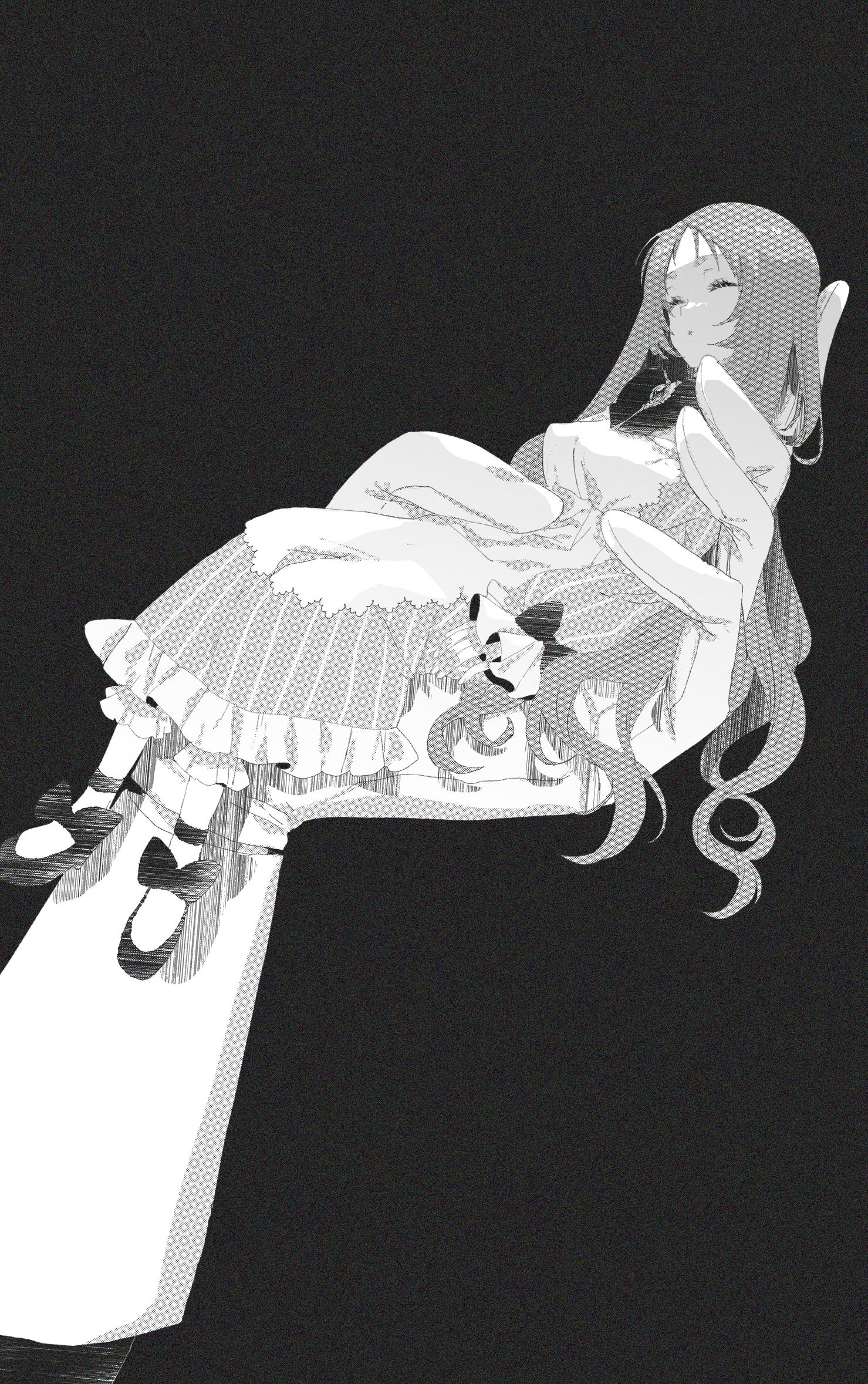eurasia (wtp09ptw14), francoise (eurasia), original, commentary request, highres, 1girl, 1other, black background, bow, brooch, choppy bangs, closed eyes, dress, footwear bow, frilled dress, frills, full body, gloves, greyscale, holding, holding mini person, in palm, jewelry, long hair, lying, mini person, minigirl, monochrome, on back, parted lips, shoes, simple background, sleeping, solo focus, very long hair