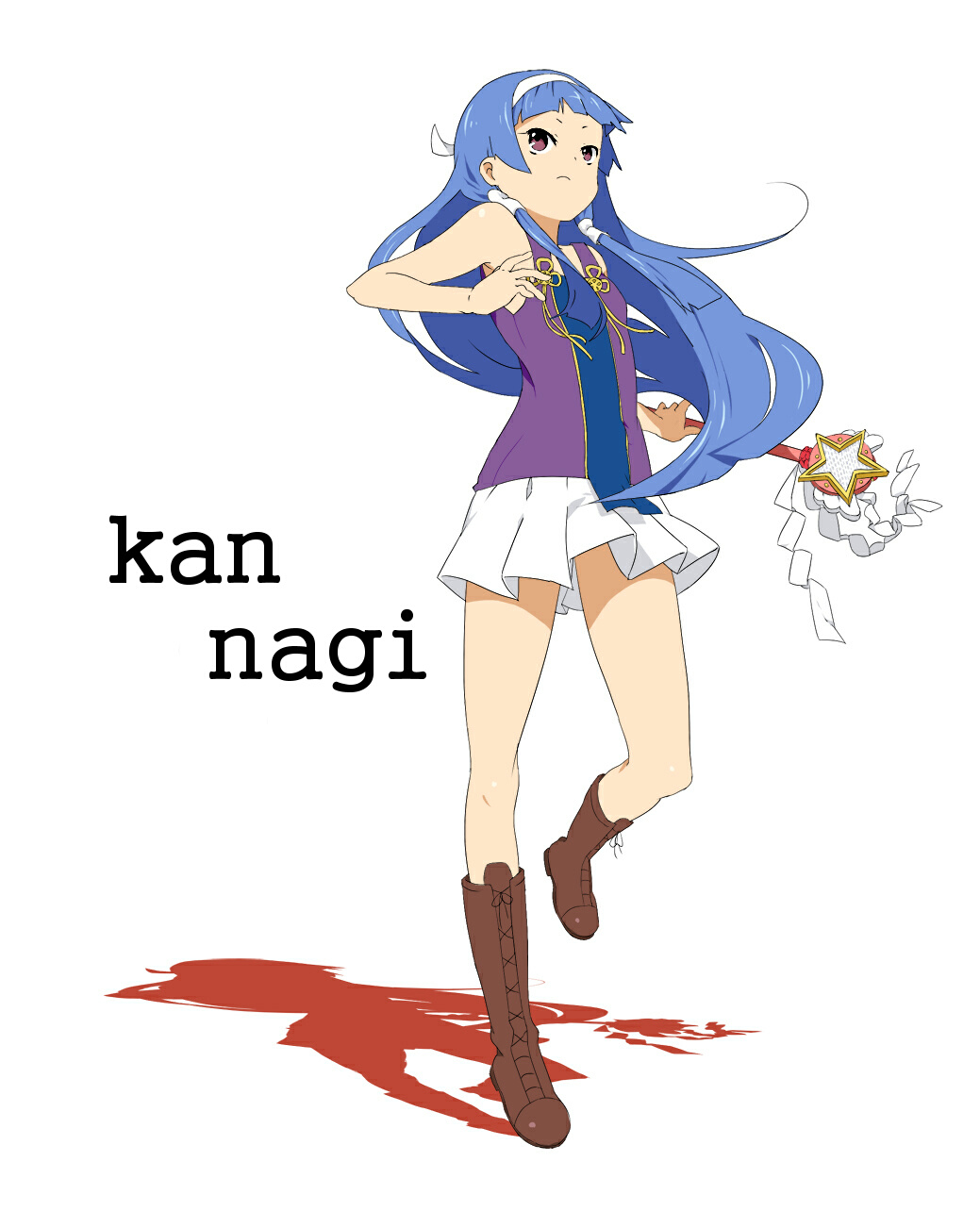 himano (artist), nagi, kannagi, bad id, bad pixiv id, highres, 00s, 1girl, blue hair, blunt bangs, boots, female focus, hairband, knee boots, long hair, pleated skirt, purple eyes, skirt, solo, wand, white skirt