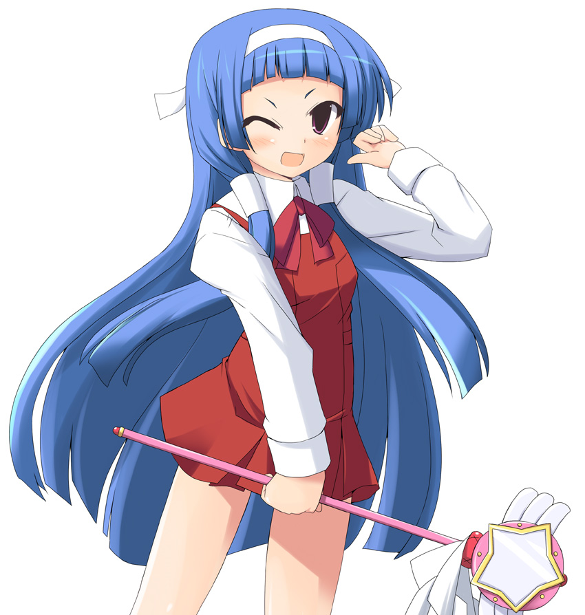 kugui kiyunemu, nagi, kannagi, 00s, 1girl, blue hair, blunt bangs, female focus, hair tubes, hairband, long hair, one eye closed, school uniform, solo, staff, wand, wink