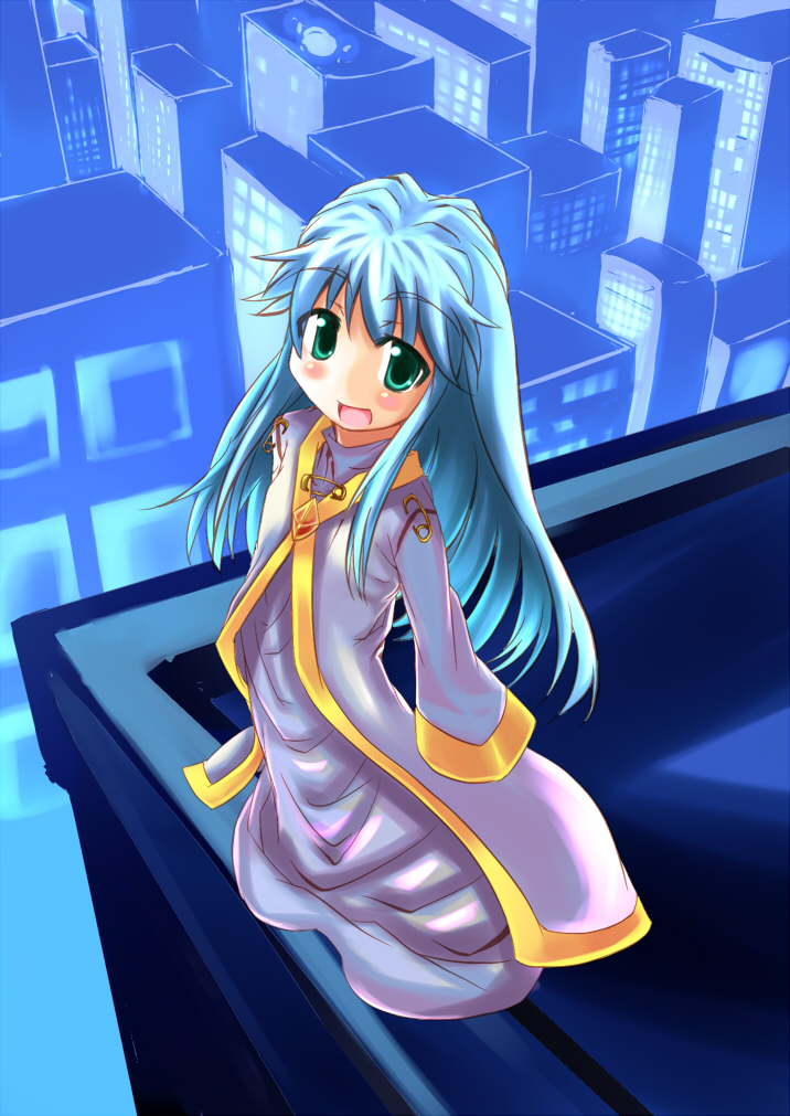 hizuki reiya, index (toaru majutsu no index), toaru majutsu no index, bad id, bad pixiv id, 00s, blue hair, city, green eyes, long hair, robe, safety pin