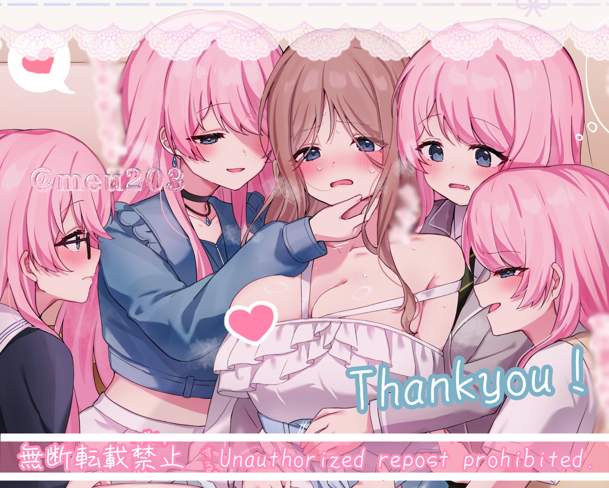 meu203, chihaya anon, nagasaki soyo, bang dream!, bang dream! it's mygo!!!!!, commentary request, commission, highres, skeb commission, 5girls, black choker, blue eyes, blue jacket, blush, breasts, censored, choker, cleavage, closed mouth, earrings, fang, glasses, grey jacket, hand on another's chin, haneoka school uniform, heart, heart censor, jacket, jewelry, large breasts, long hair, multiple girls, multiple persona, open mouth, pink hair, school uniform, shirt, sidelocks, sweat, white shirt, yuri
