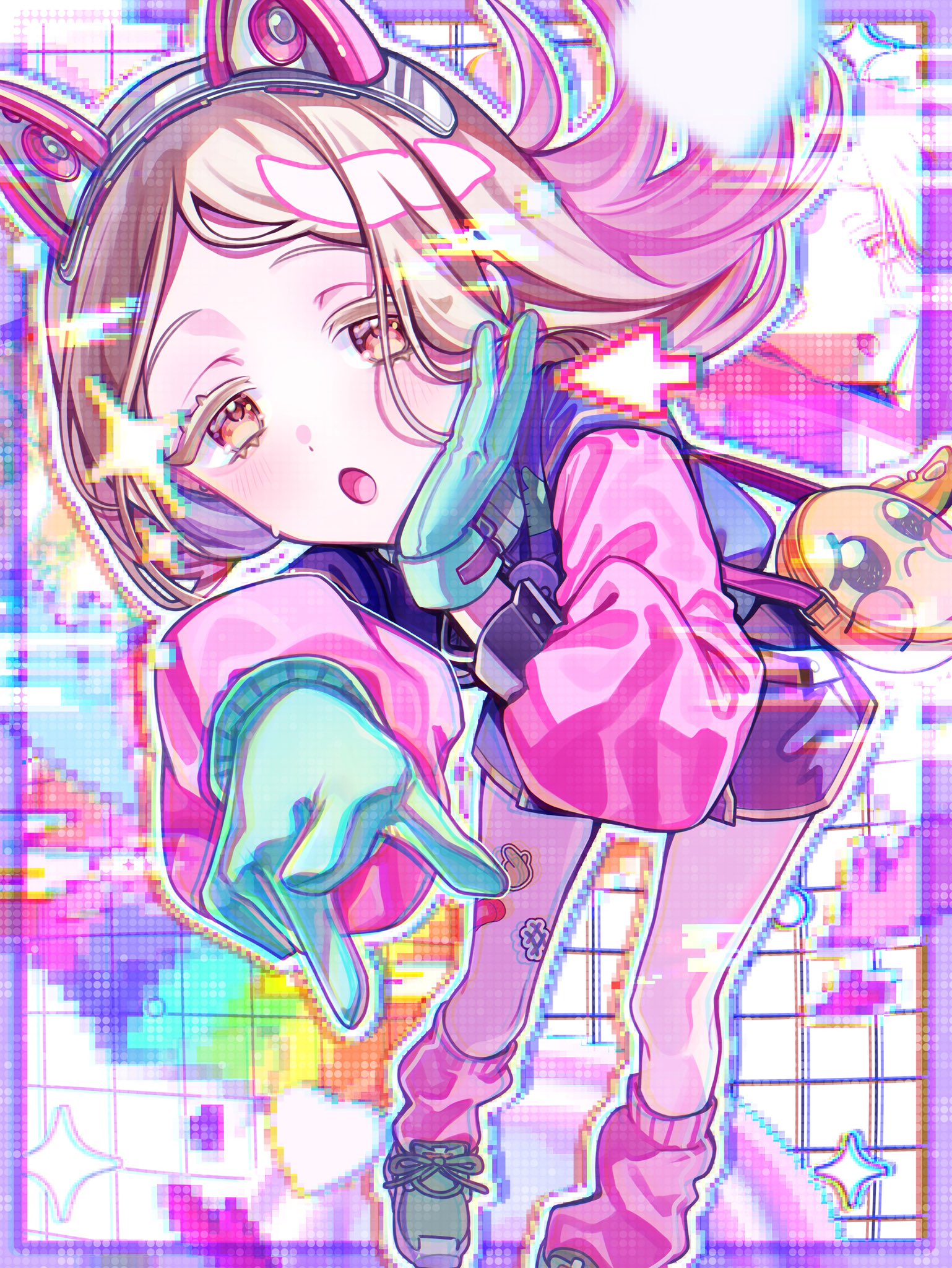 yuuki hajime, shinosawa hiro, gakuen idolmaster, idolmaster, commentary request, highres, 1girl, :o, animal ear hairband, animal ears, aqua gloves, bag, blonde hair, blue jacket, blue shorts, colored eyelashes, emoji, fake animal ears, floating hair, foot out of frame, gloves, gradient hair, green shoes, hairband, hand on own face, hands up, heart, jacket, leaning forward, light blush, long hair, long sleeves, looking at viewer, loose socks, miracle na now! (idolmaster), multicolored hair, multicolored jacket, multicolored shorts, open mouth, orange eyes, outline, parted bangs, pink hair, pink jacket, pink shorts, pink socks, pixelated, pleading face emoji, pointing, pointing at viewer, puffy sleeves, shoes, short shorts, shorts, shoulder bag, small sweatdrop, sneakers, socks, solo, star (symbol), sticker on leg, white outline, yellow bag
