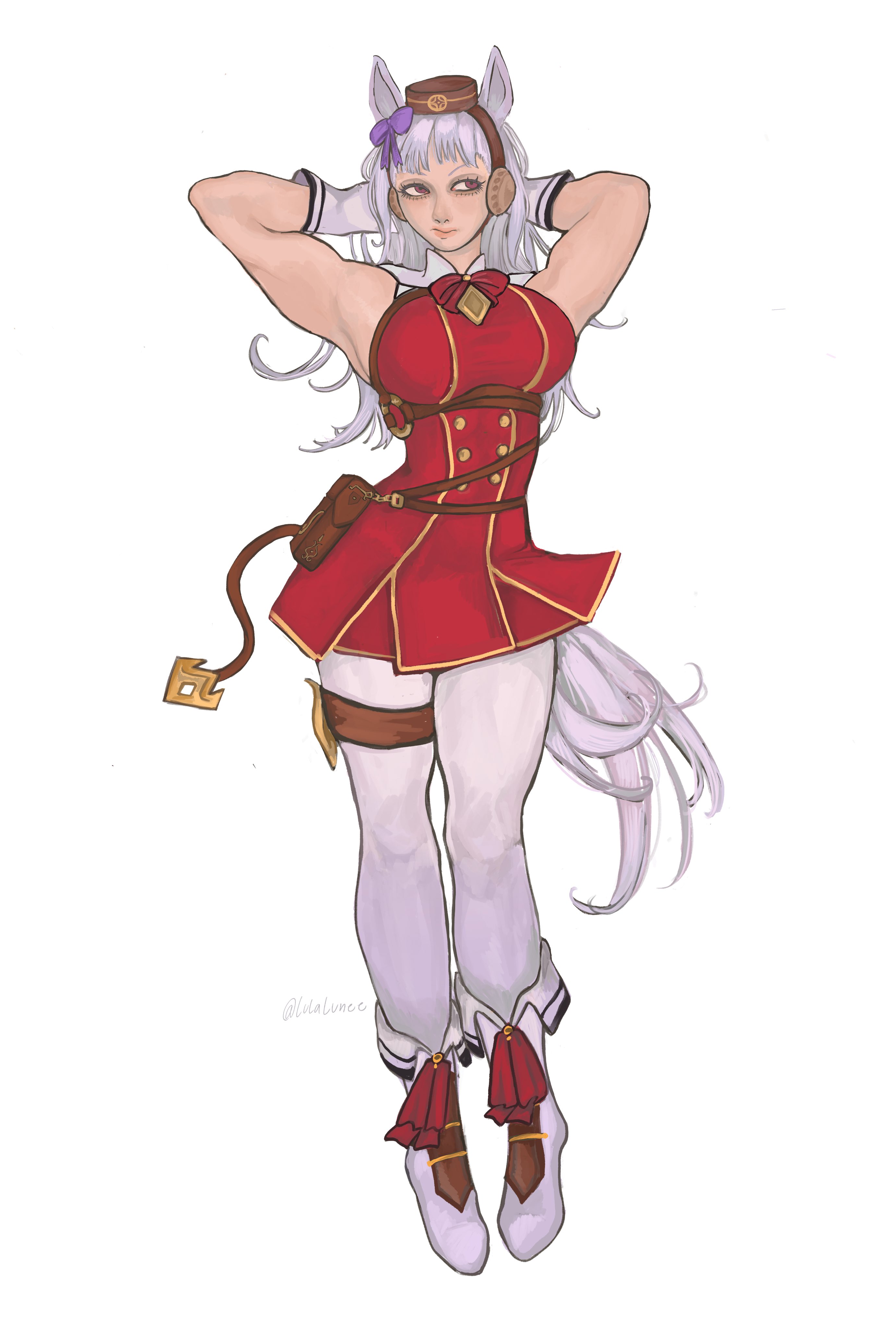 lulalunee, gold ship (red strife) (umamusume), gold ship (umamusume), umamusume, absurdres, highres, 1girl, animal ears, arms behind head, bare shoulders, blunt bangs, boots, bow, brown hat, ear bow, ear covers, ear ribbon, full body, gloves, hat, horse ears, horse girl, horse tail, leggings, looking to the side, o-ring, pillbox hat, pouch, purple bow, red eyes, signature, sleeveless, solo, tail, twitter username, white background, white boots, white gloves, white leggings