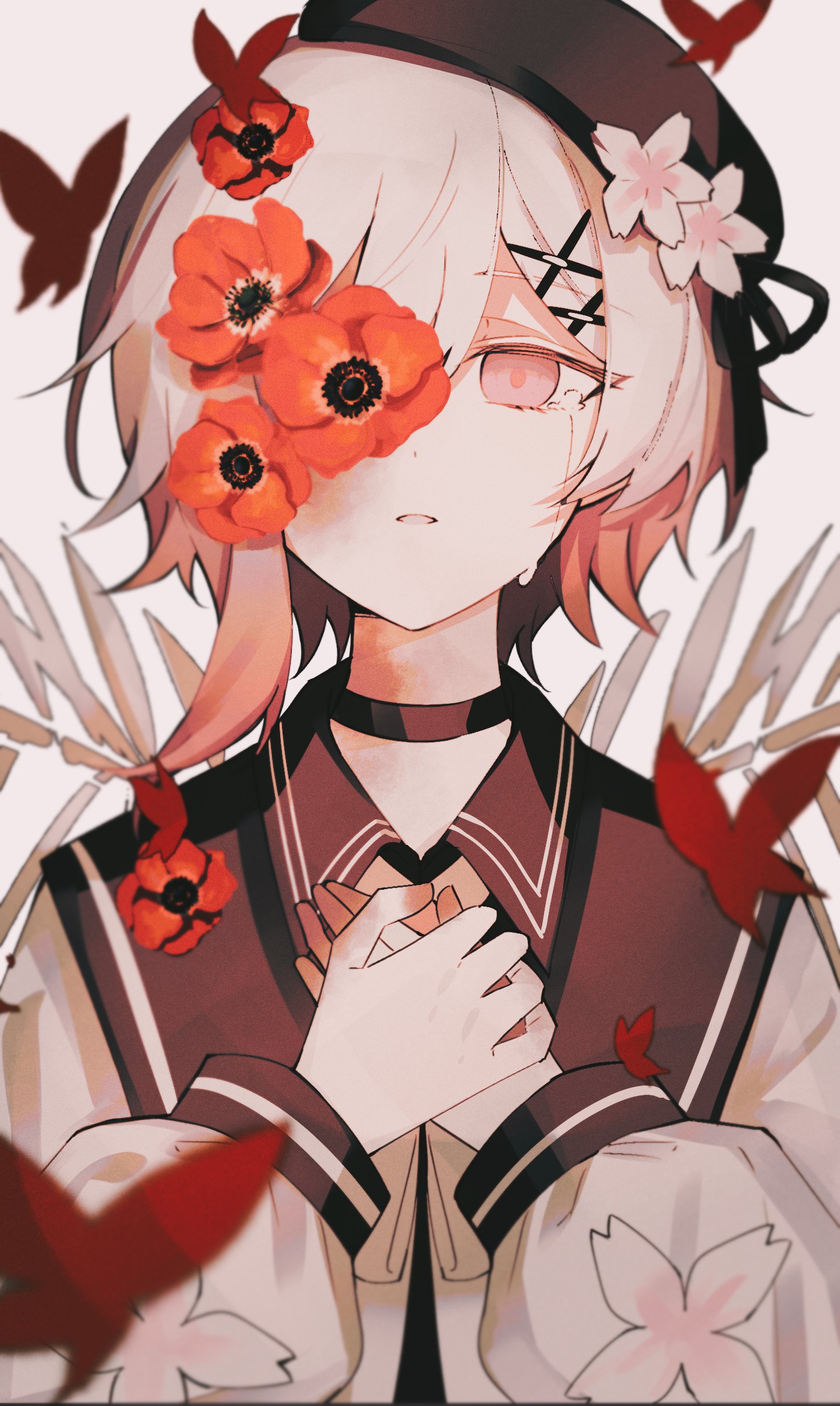 ritzchrono, sakuraba ema, mahou shoujo no majo saiban, absurdres, commentary request, highres, spoilers, 1girl, anemone (flower), beret, black choker, black hat, bug, butterfly, choker, crying, crying with eyes open, flower, flower over eye, gradient hair, hair flower, hair ornament, hands on own chest, hat, insect, long sleeves, looking at viewer, magical girl, multicolored hair, own hands together, pink eyes, red butterfly, red flower, sailor collar, short hair, skeletal wings, solo, streaming tears, tears, upper body, white flower, white hair, wings, x hair ornament