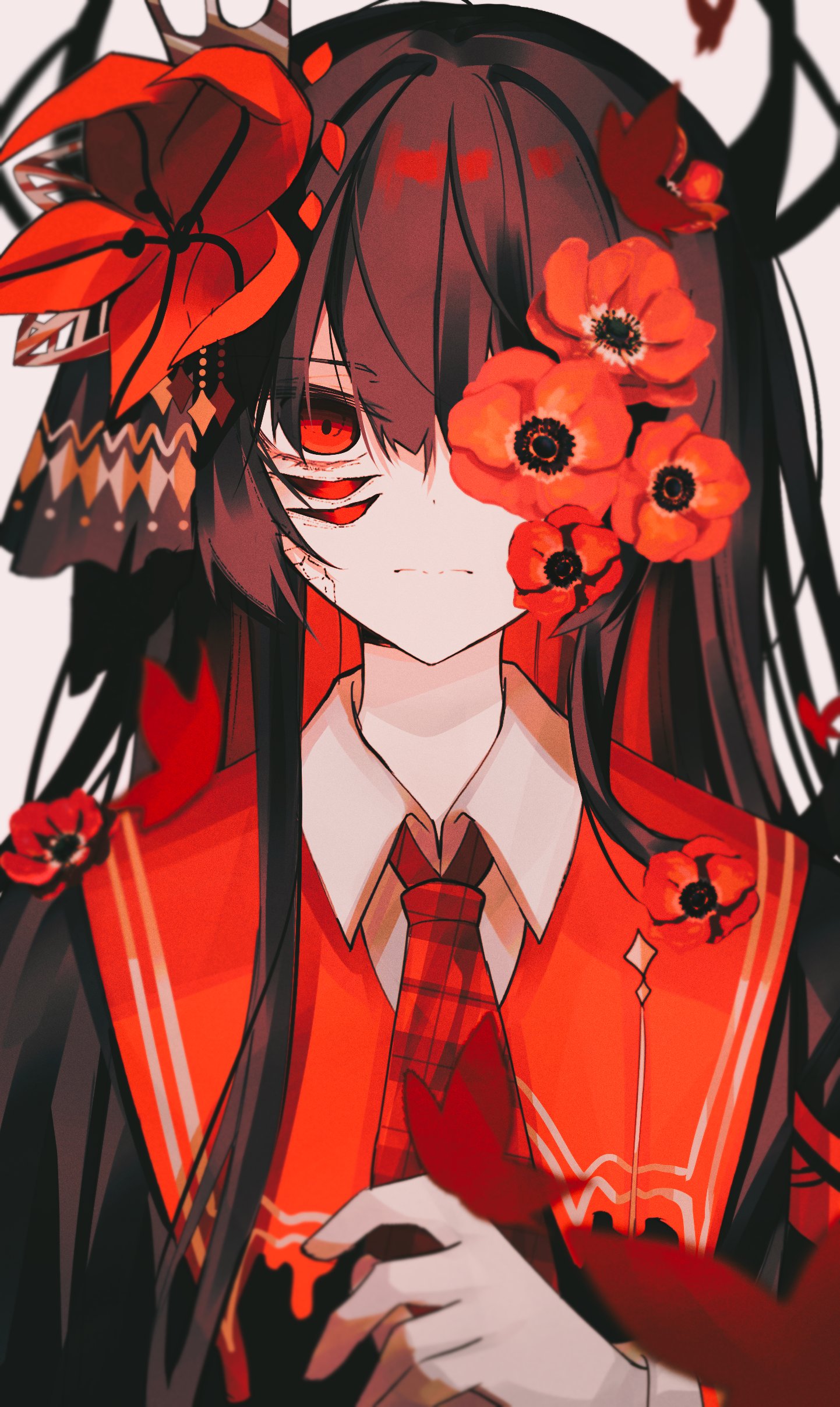 ritzchrono, nikaidou hiro, mahou shoujo no majo saiban, absurdres, commentary request, highres, spoilers, 1girl, anemone (flower), black hair, black horns, closed mouth, collared shirt, crown, demon horns, extra eyes, flower, flower over eye, hair flower, hair ornament, hand up, horns, long hair, long sleeves, looking at viewer, magical girl, necktie, plaid clothes, plaid necktie, red eyes, red flower, red necktie, shirt, solo, upper body