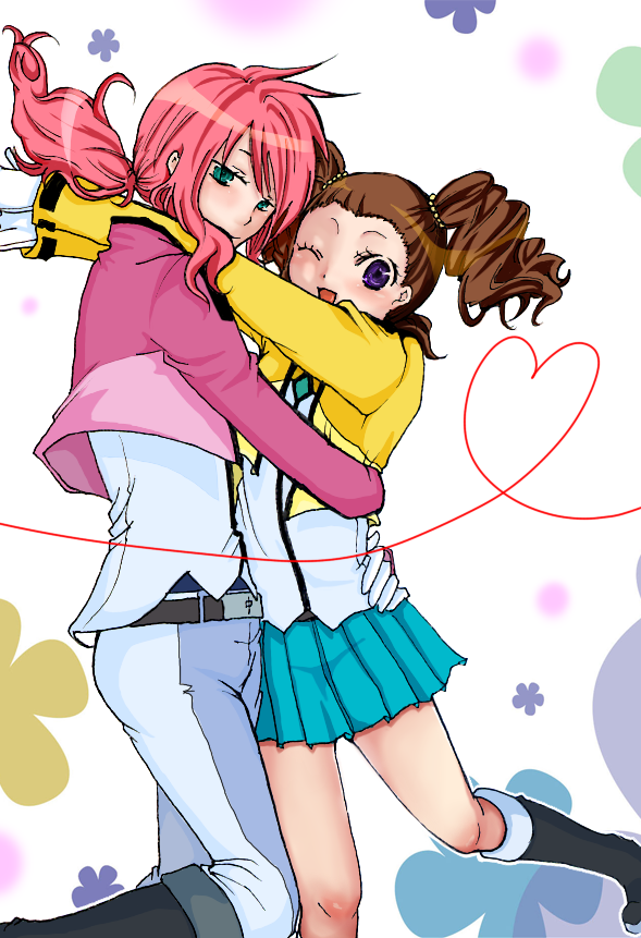 moroyuki, moryu, feldt grace, mileina vashti, gundam, gundam 00, black footwear, bad id, bad pixiv id, 00s, 2girls, belt, blazer, blue skirt, blush, boots, brown hair, cropped legs, curly hair, gloves, happy, hug, jacket, knee boots, long hair, long sleeves, looking at viewer, miniskirt, multiple girls, one eye closed, open mouth, pants, pink hair, pleated skirt, ponytail, shirt, skirt, smile, twintails, white gloves, wink