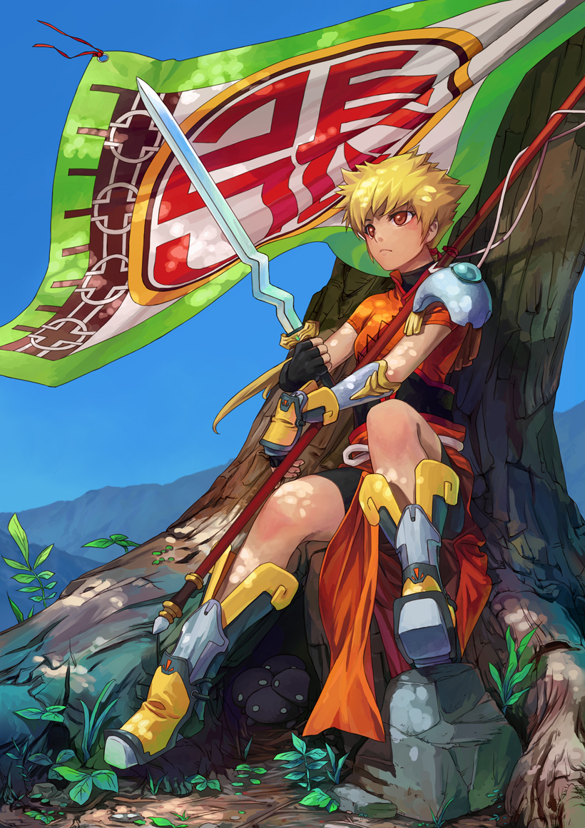 ryuutetsu, original, armor, blonde hair, brown eyes, flag, short hair, solo, sword, weapon
