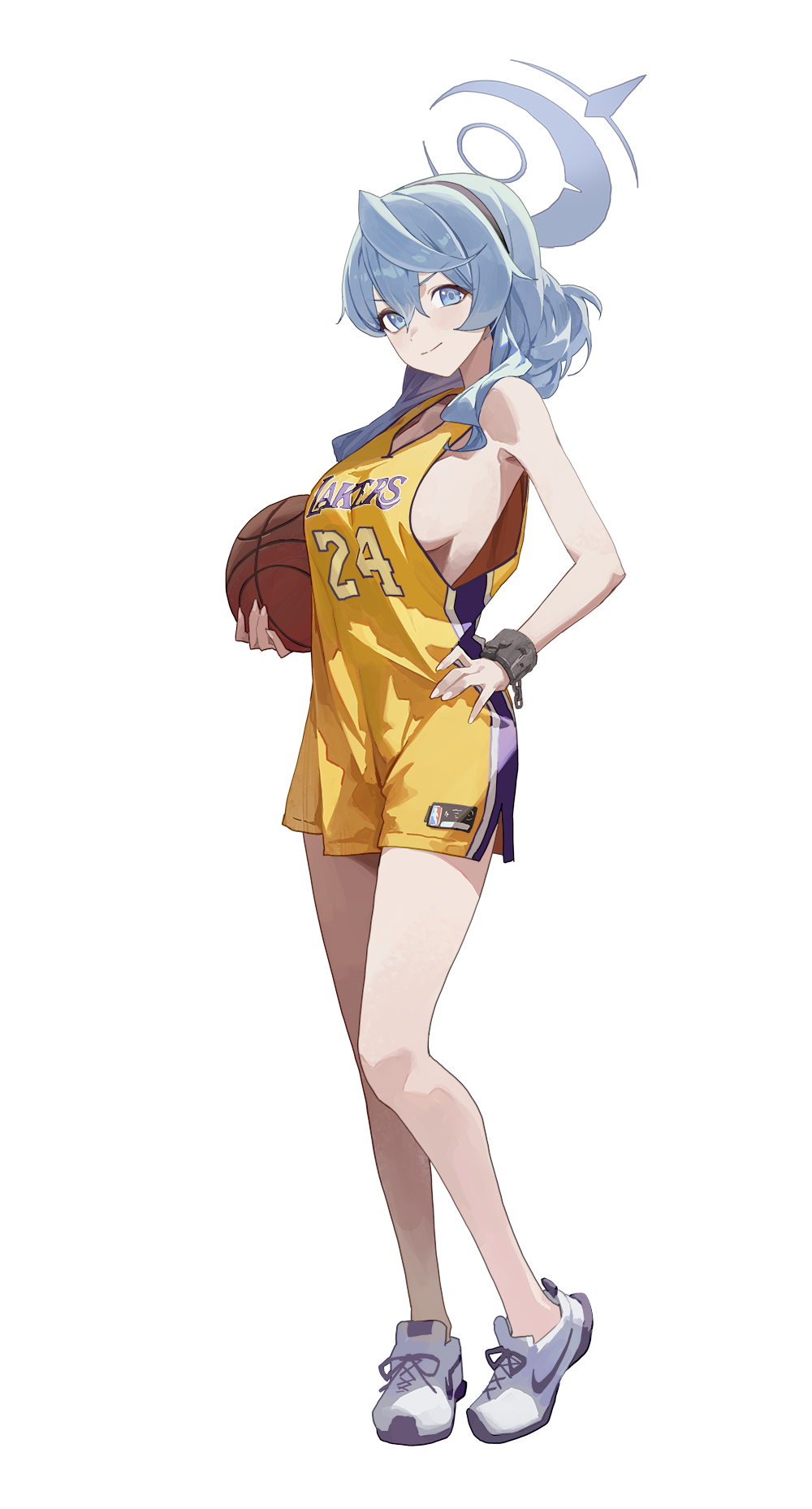 m.q (mqkyrie), ako (blue archive), blue archive, los angeles lakers, highres, mixed-language commentary, 1girl, alternate costume, bare arms, bare legs, bare shoulders, basketball, basketball jersey, basketball uniform, blue eyes, blue hair, blue halo, blush, breasts, closed mouth, collarbone, cuffs, full body, gloves, hair between eyes, halo, hand on own hip, holding, large breasts, looking at viewer, shackles, shoes, short hair, sideboob, simple background, sleeveless, smile, sneakers, solo, sportswear, standing, white background