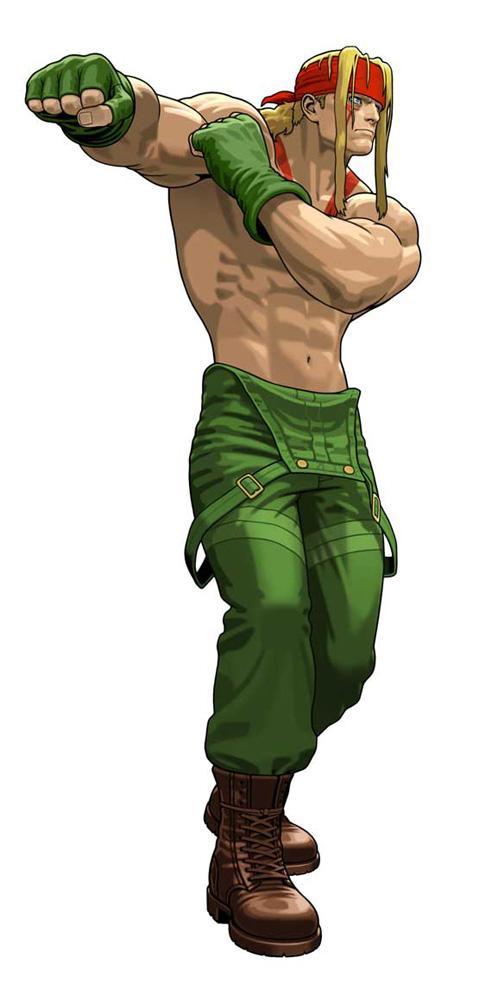 mori toshiaki, alex (street fighter), capcom, street fighter, tatsunoko vs. capcom, long image, official art, tall image, 1boy, abs, angry, armpits, blonde hair, boots, clenched hand, clenched hands, facial mark, fighting stance, fingerless gloves, frown, full body, gloves, green overalls, headband, long hair, male focus, muscular, naked overalls, navel, outstretched arm, overalls, ponytail, ribs, sideburns, simple background, solo, standing, suspenders, tattoo, topless male