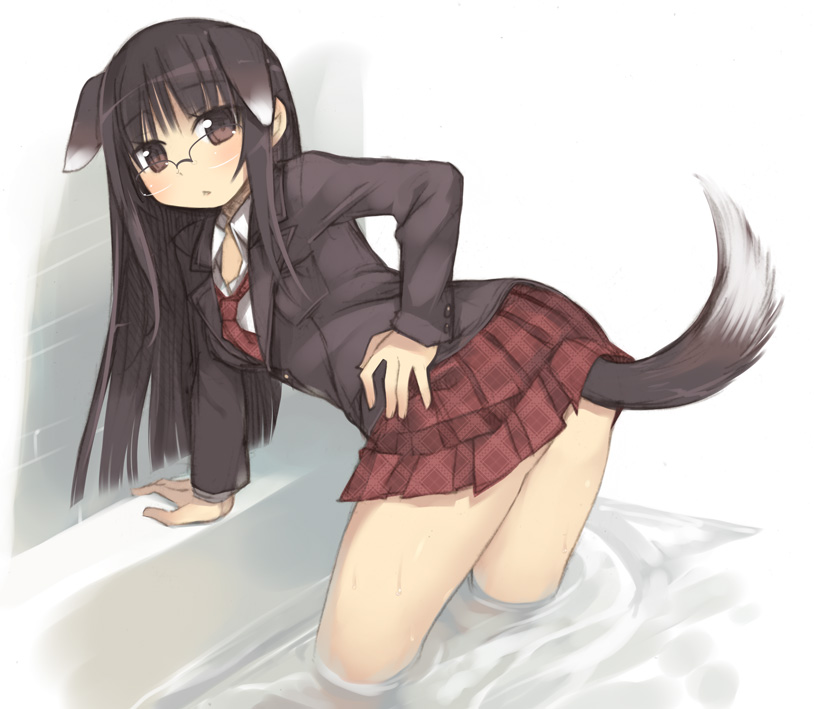 kashiwamochi yomogi, original, plaid, animal ears, bent over, brown eyes, brown hair, dog ears, glasses, kemonomimi mode, long hair, school uniform, skirt, solo, tail, water