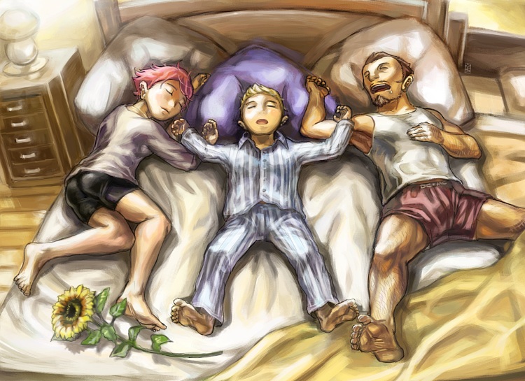 duster (mother), kumatora, lucas (mother 3), mother (series), mother 3, nintendo, 1girl, 2boys, barefoot, beard, bed, blonde hair, body hair, brown hair, duster, facial hair, feet, flower, morning, multiple boys, mustache, pajamas, pillow, pink hair, saliva, short hair, sleeping, sunflower, tomboy, underwear